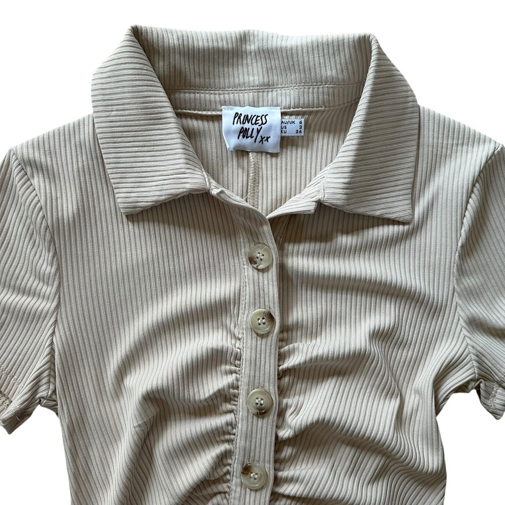 Princess Polly Thea Romper Ribbed Beige Button Down -Size 2 - Picture 3 of 11